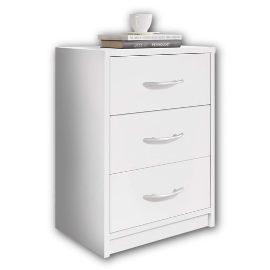 Bedside Table with Three Drawers, a Simple and spacious Bedside Cabinet for any Bedroom, W39 X H54 X D28 cm, presented in a Clean and Classic White Finish