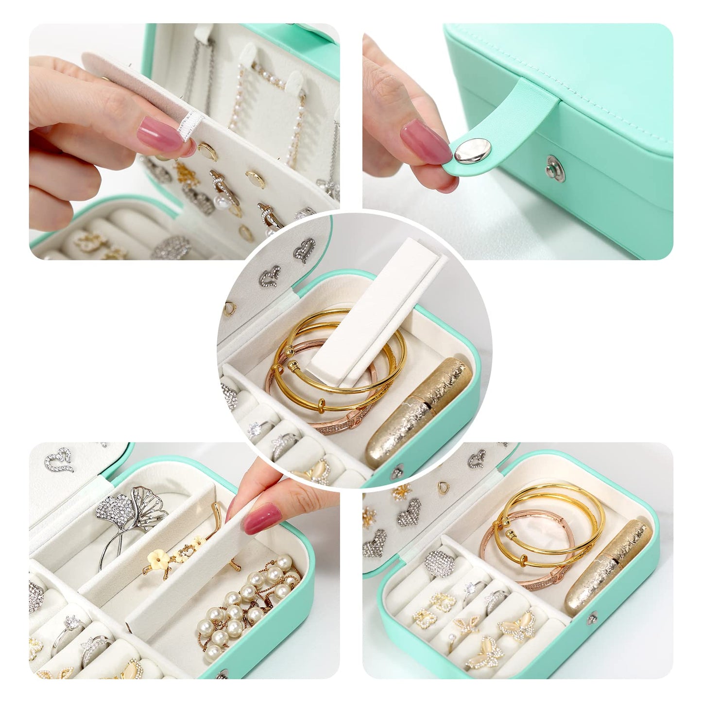 CASEGRACE Small Jewelry Box For Women Travel Jewelry Organizer Double Layer for Necklace Earring Rings Jewelry Holder Case