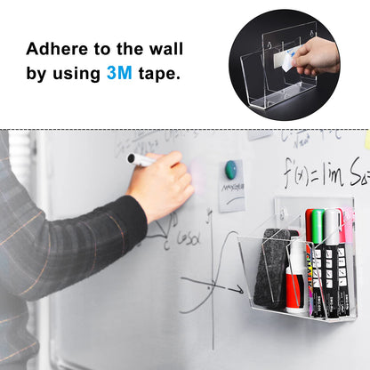 Acrylic Marker Holder, Wall Mounted Organizer with 3 Compartments, for Dry Erase Markers, Whiteboards, Classroom and Office Accessories, Includes Adhesive, Clear