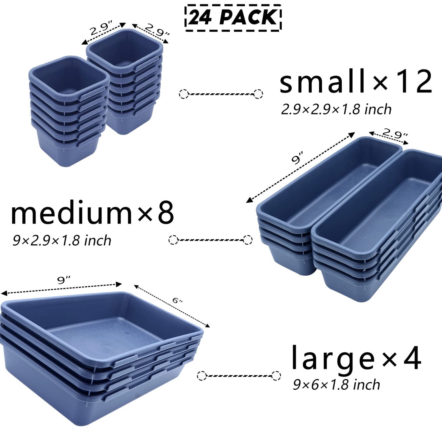 24 Pack Plastic Desk Drawer Organizer and Storage for Office Kitchen Dresser Bathroom Cabinet Organizer,Interlocking Junk Small Drawer Dividers Tray for Makeup Bra Stationery Utensil Tool with 3 sizes