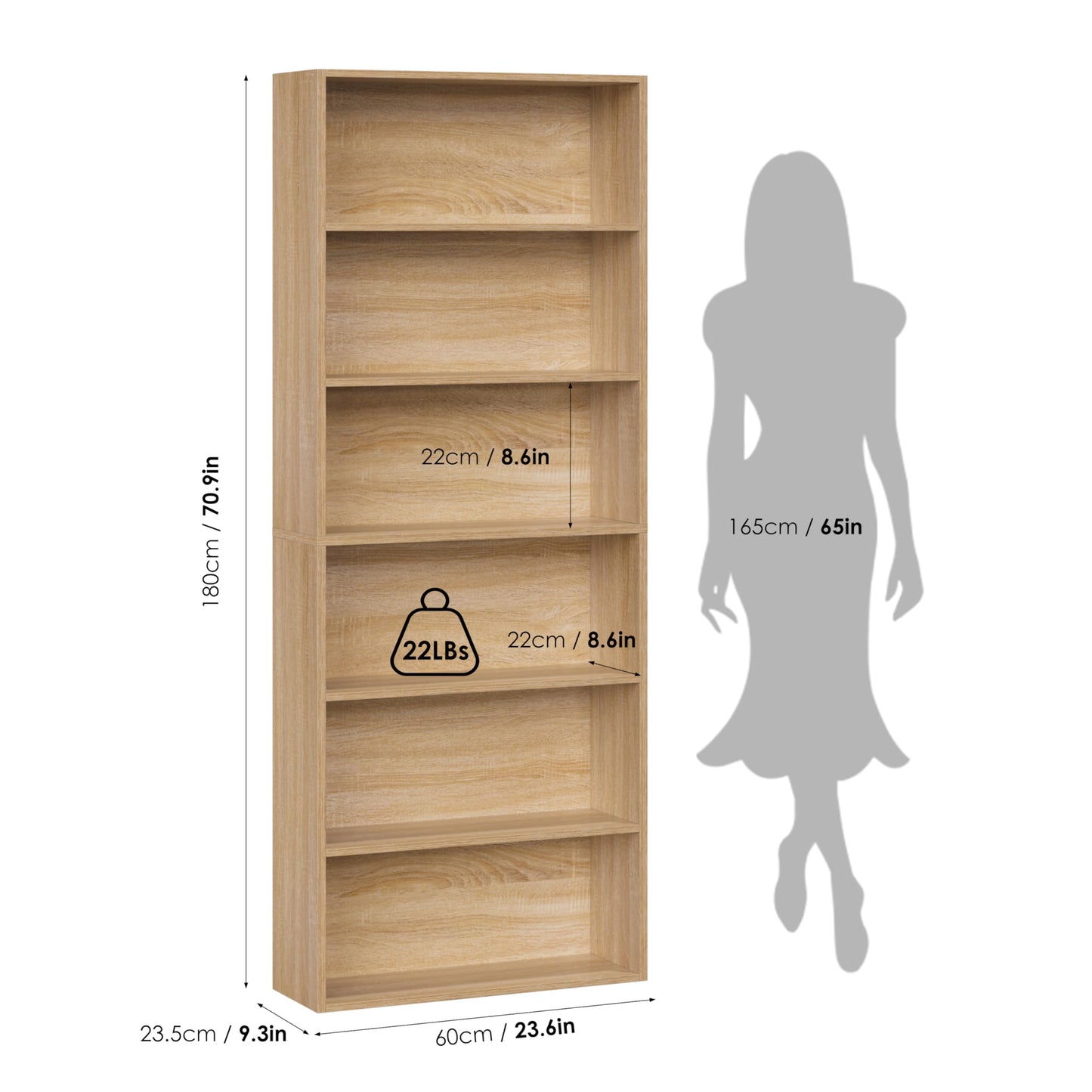 6-Tier Open Bookcase in Light Oak, Freestanding Tall Bookshelf for Bedroom, Living Room and Office, Display Storage Shelves, Modern Bookshelf (Light Oak)
