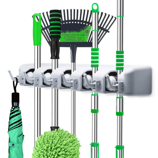 Wall Holder, Wall Mounted Mop and Broom Hanger Holder, Garage Storage Rack, Garden Tool Organizer, 5 Position 6 Hooks, Space-Saving Organizer for Home, Kitchen, Bathroom, Laundry Room