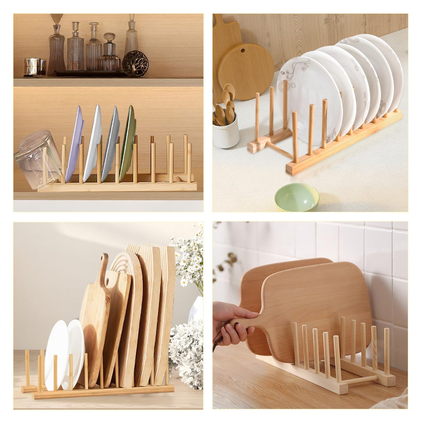 HarttiHome Bamboo Wooden Plate Racks Plate Stand Holder Vertical Drainer Kitchen Cabinet Organiser for Dishes, Pots, Lids, Bowls, Cups, Chopping Board, Kitchen Cabinet Organiser