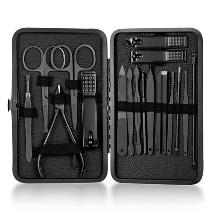 Profession Nail Clippers Set 18 pcs?Black Stainless Steel Sharp Nail Trimmer Pedicure and Manicure Set with Cortex Metal Case for Men and Women