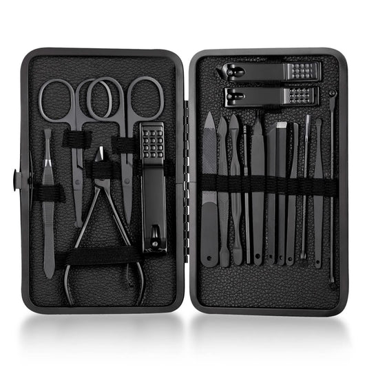 Profession Nail Clippers Set 18 pcs?Black Stainless Steel Sharp Nail Trimmer Pedicure and Manicure Set with Cortex Metal Case for Men and Women