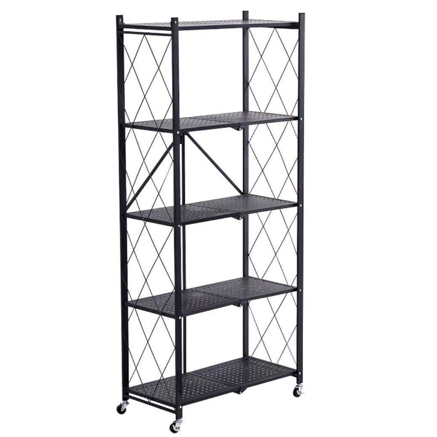 Storage Shelves, 5-Shelf Foldable Metal Shelving Units 28" W x 14" D x 65" H for Garage Kitchen Bakers Closet, Metal Wire, Collapsible Organizer Rack, Heavy Duty on Wheels (5 Shelf)
