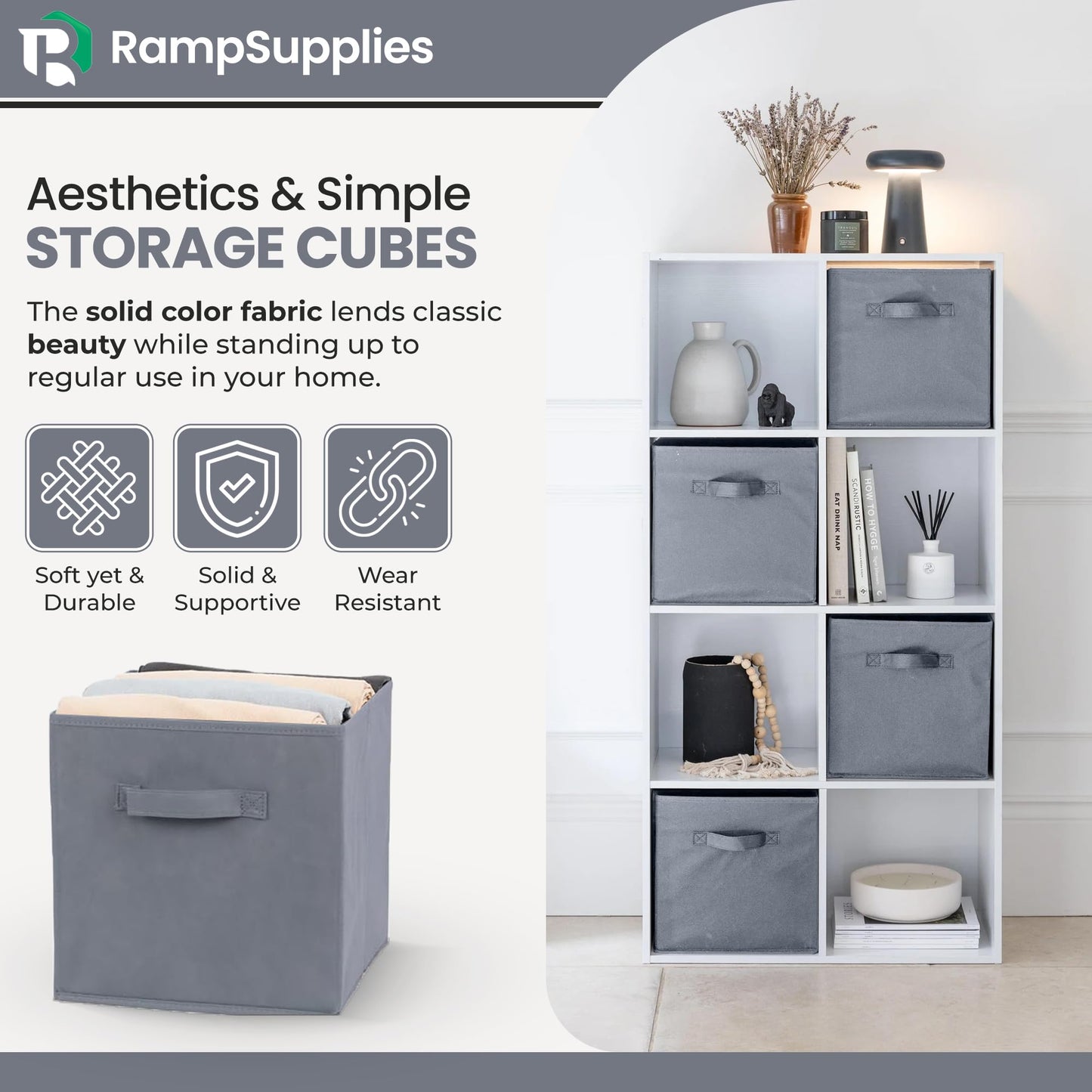 RampSupplies Foldable Storage Cubes with Handles, 30cm x 30cm x 30cm,Fabric Storage Boxes, Toy Baskets for Baby Clothes Home and Office Room Organizers (Gray)