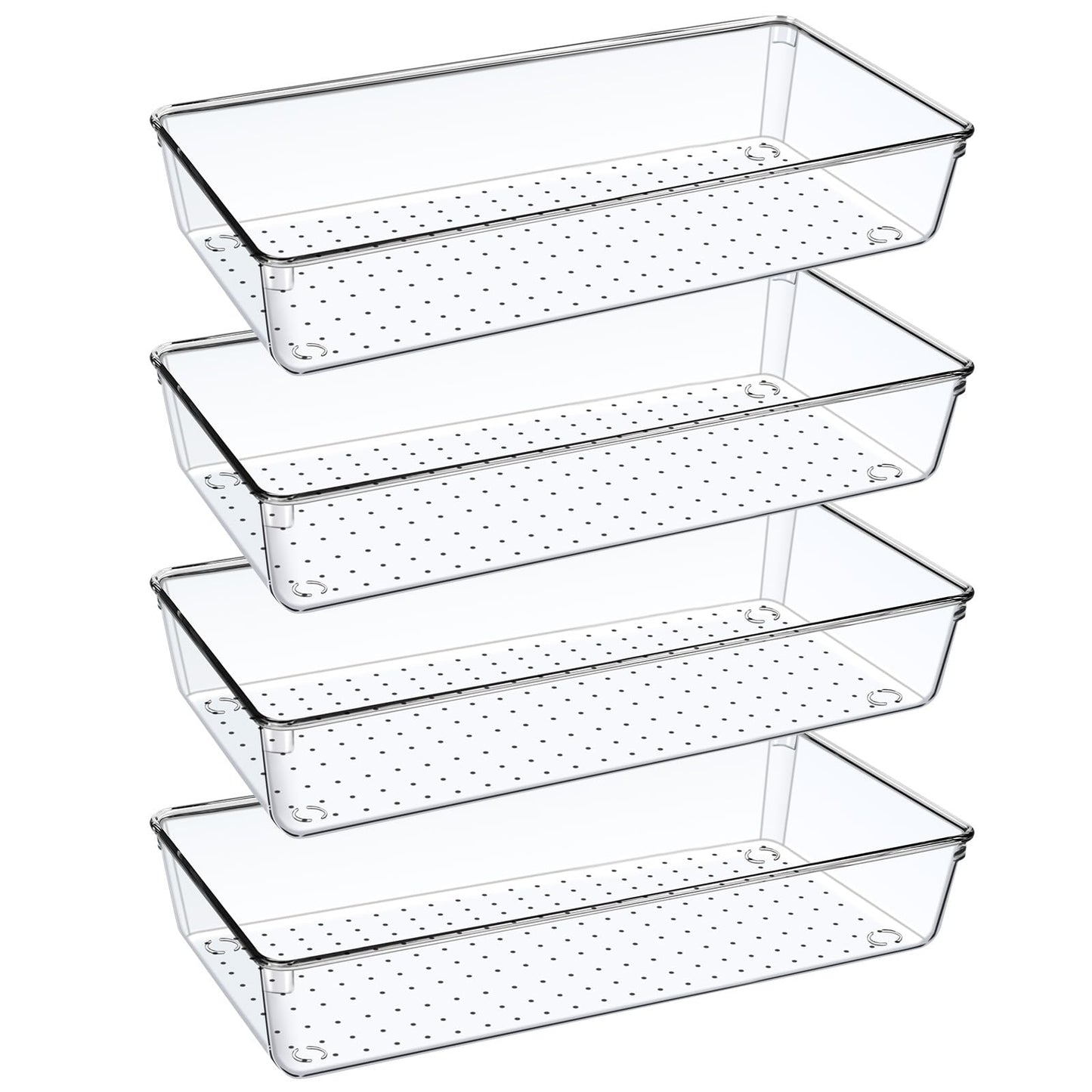 DUHARS 4PCS Clear Plastic Drawer Organizer Tray, 12'' Large Acrylic Vanity Bathroom Drawer Organizers Trays, Desk Drawer Organizer Bins for Cosmetics, Makeup, Kitchen, Office, Junk Drawer Organization