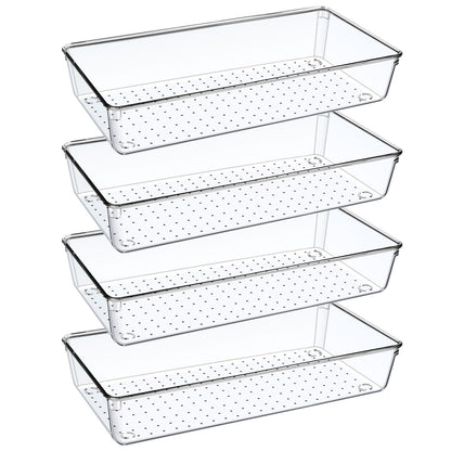 DUHARS 4PCS Clear Plastic Drawer Organizer Tray, 12'' Large Acrylic Vanity Bathroom Drawer Organizers Trays, Desk Drawer Organizer Bins for Cosmetics, Makeup, Kitchen, Office, Junk Drawer Organization