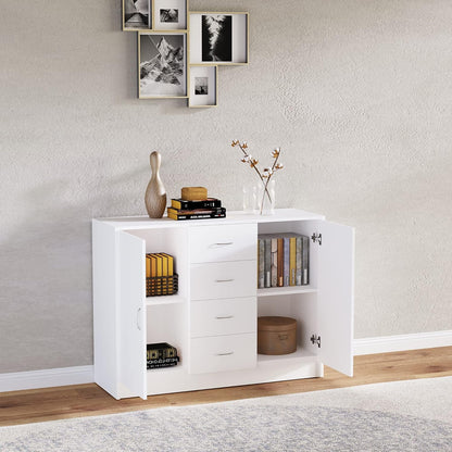 Freestanding Sideboard Cabinet with 2 Doors and 4 Drawers, Versatile Organizer for Kitchen, Dining, or Living Room in a Clean White Finish with a Modern Minimalist Style
