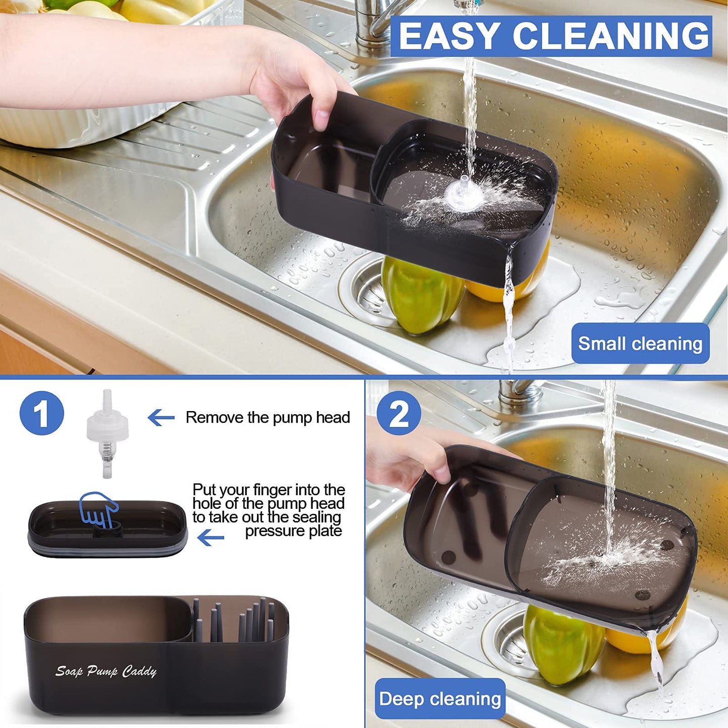 3-in-1 Countertop Soap Pump Dispenser, Sponge Holder with Drain Tray, Multipurpose Kitchen Sink Organizer, Black,22.86 x 9.91 x 7.87 cm