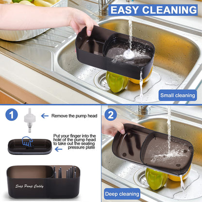Soap Dispenser with Cleaning Leaf Holder for Kitchen, Semi Automatic Soap Dispenser with Side Organizer, Removable Soap Tank for Saving Space and Tidying Kitchen Tools