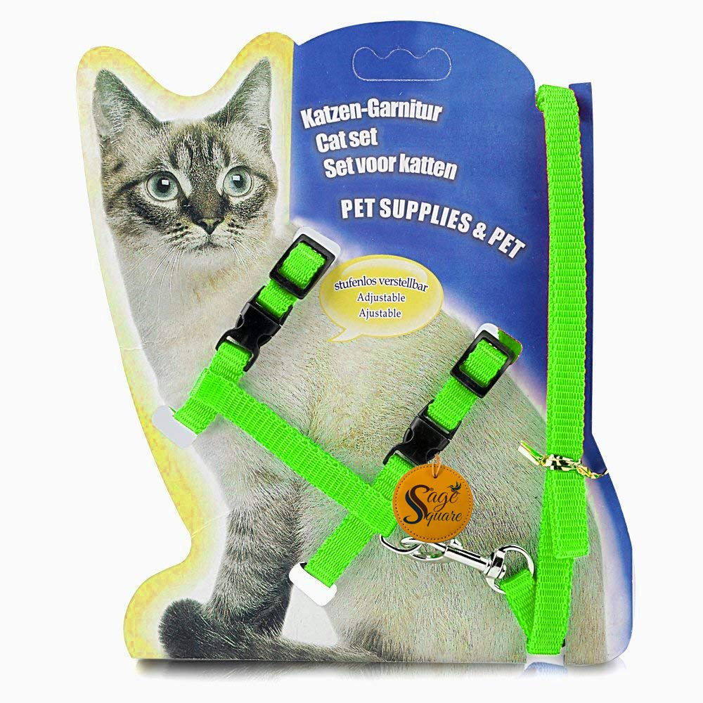 Sage Square Soft Adjustable Harness with Leash Rope Set for Cat/Kitten of Nylon (Green)