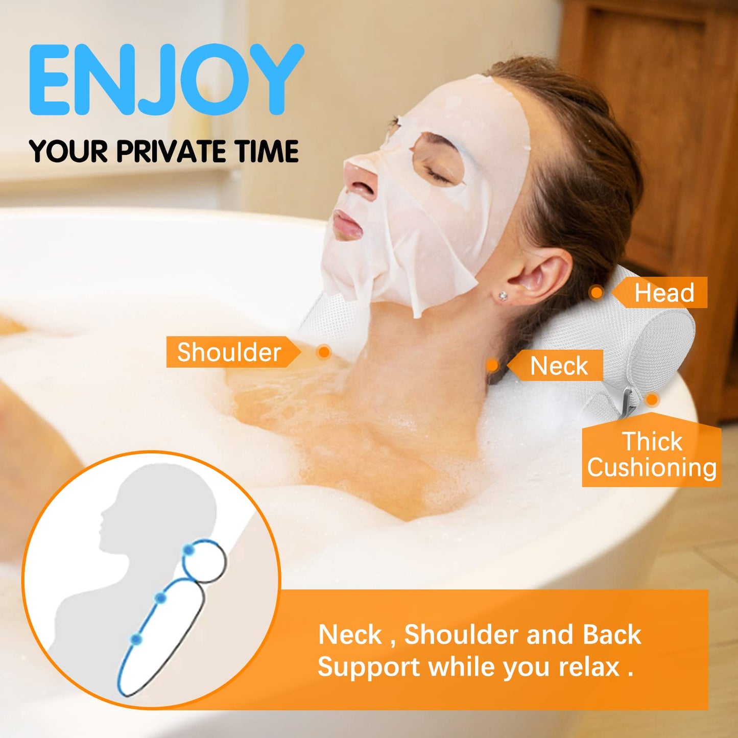 COALA HOLA Bath Pillow Bathtub Spa Pillow, Non-Slip 6 Large Suction Cups, Extra Thick Bath Pillow for Head, Neck, Back and Shoulder Support, Fits All Bathtub, Hot Tub-White