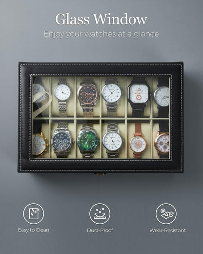 Watch Organizer Case for Men, 12 Slot Watch Box with Real Glass Lid, PU Leather Display Storage, Soft Velvet Interior, Jewelry Holder