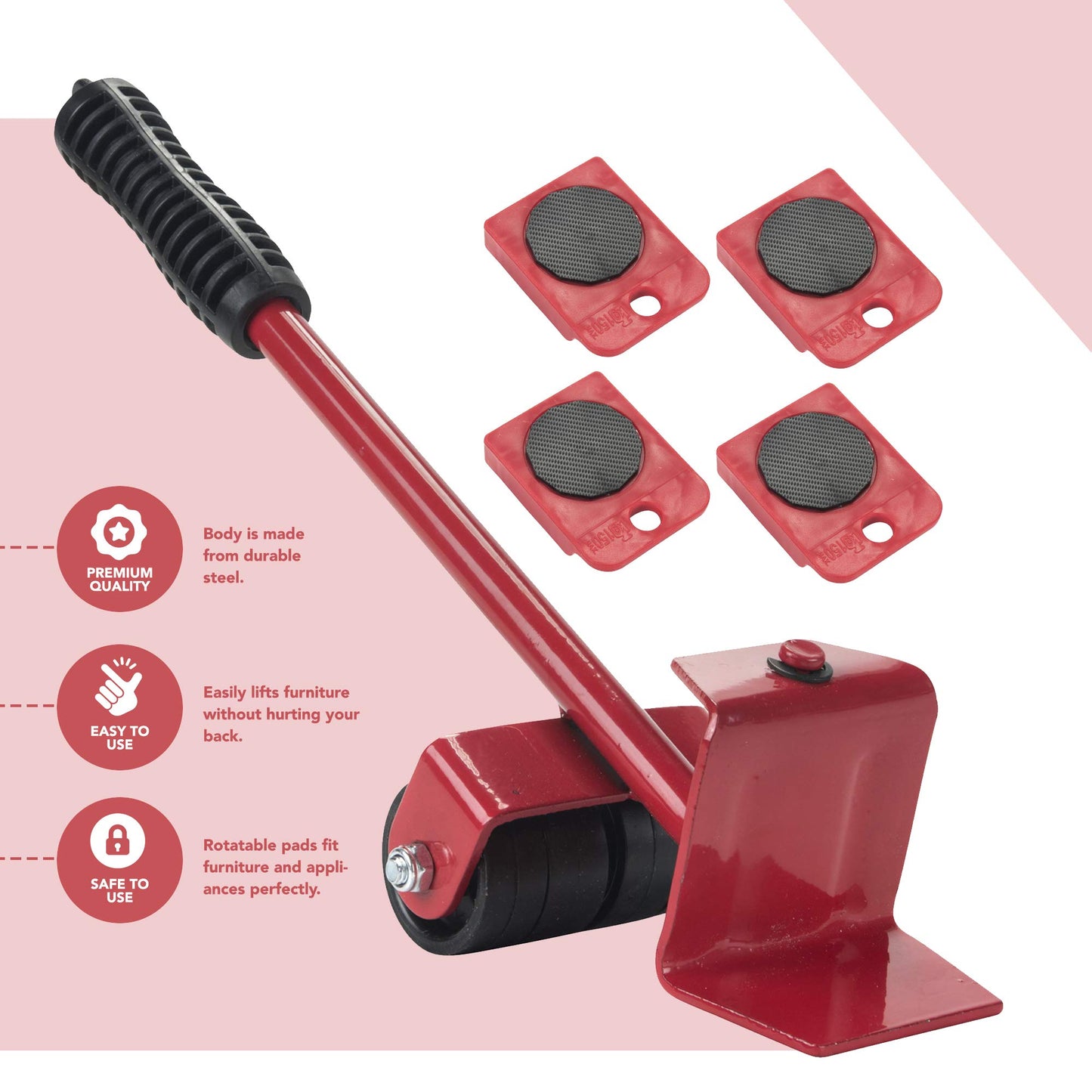 Primo Supply AJB Furniture Appliances Mover Glider Lifter Slider Roller Logistics Helper Tool Set System - Heavy Duty and Durable | Make Moving Rearranging Safe Convenient and Easy, Red