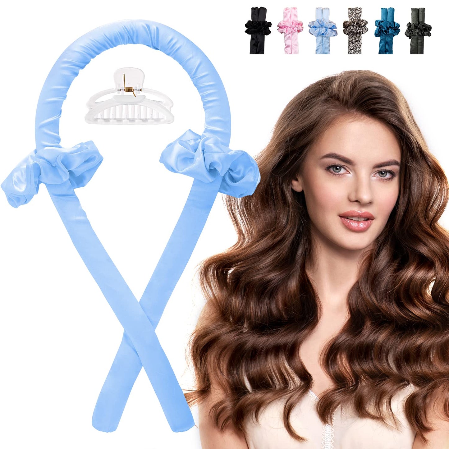 Yeelen Heatless Hair Curling Rod Headband for Long Hair, No Heat Hair Curler Rollers Set can Sleep in Overnight, Satin Curl Ribbon Hair Wrap with Scrunchie and Hair Clips to Get Natural Waves (Blue)