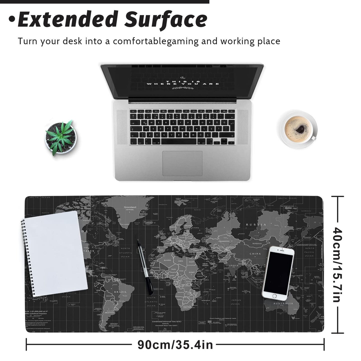 SABAN Gaming Mouse Mat World Map, XXL Mouse Mat Large 900 x 400 mm Table Mat Large Size Multifunctional Non-Slip Desk Mat Improves Precision and Speed - Black