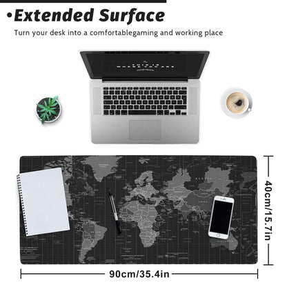 SABAN Gaming Mouse Mat World Map, XXL Mouse Mat Large 900 x 400 mm Table Mat Large Size Multifunctional Non-Slip Desk Mat Improves Precision and Speed - Black