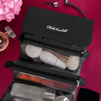 LATIT Toiletry Bag Travel,4 in 1 Waterproof Foldable Makeup Cosmetic Bag, Portable Compact Cosmetic Travel Bag, Small Removable Toiletry Bag for Women and Girls, Black,