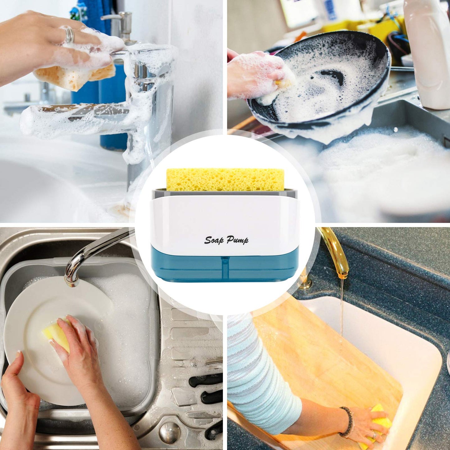 3-in-1 Soap Pump Dispenser and Sponge Holder with Compact Countertop Design, Efficient for Kitchens and Bathrooms, White, 20.2 x 10.49 x 12.97 cm