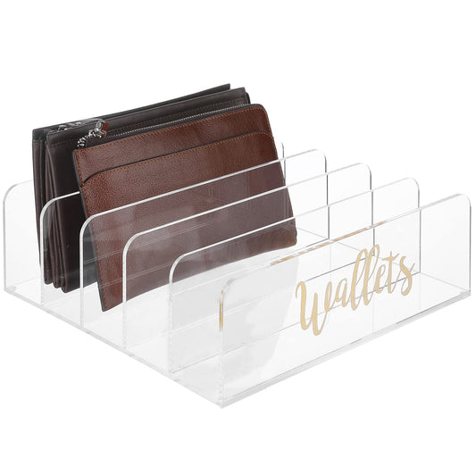 5-Section Acrylic Wallet Holder with Brass "Wallets" Label, Premium Clear Clutch and Purse Organizer for Closet Storage, Modern Desktop and Retail Display Rack