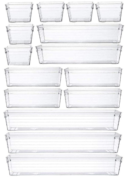 15 PCS Clear Plastic Drawer Organizer Bin Tray for Makeup, Kitchen Utensils, Jewelries, and Gadgets