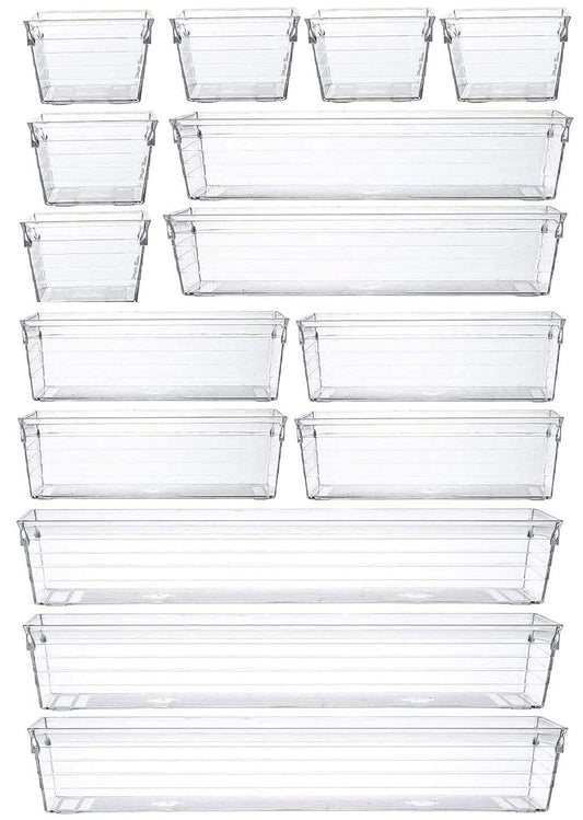 15 PCS Clear Plastic Drawer Organizer Bin Tray for Makeup, Kitchen Utensils, Jewelries, and Gadgets