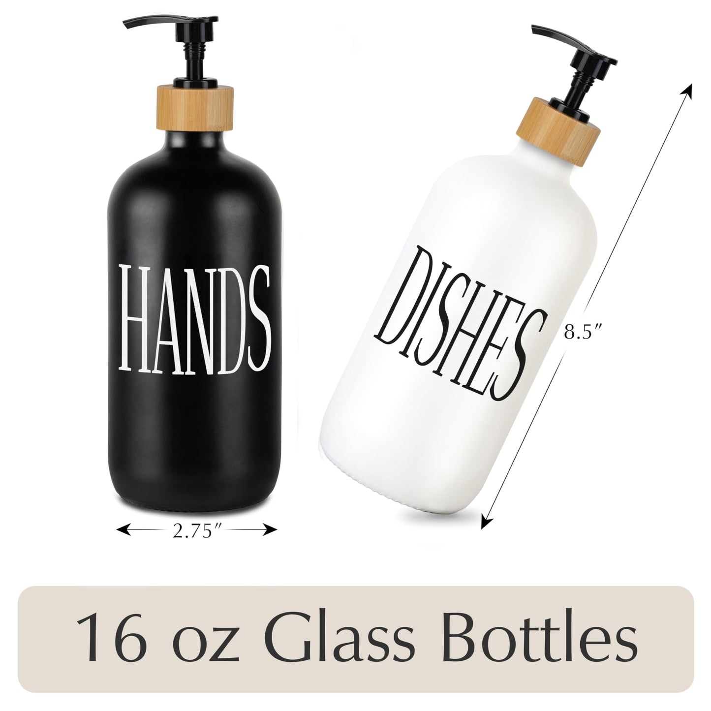 Emerson Soap Dispensers with Stainless Steel Pumps + 100% Bamboo Wood Tray | Kitchen Sink Dish Soap and Bathroom Hand Wash Glass Bottles Set | Waterproof | 16 Oz | Set of 2 (Wht/Blk/Bamboo Black)
