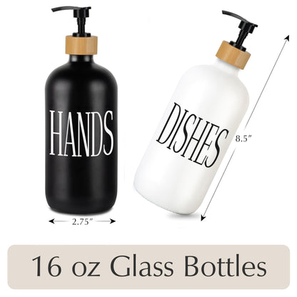 Emerson Soap Dispensers with Stainless Steel Pumps + 100% Bamboo Wood Tray | Kitchen Sink Dish Soap and Bathroom Hand Wash Glass Bottles Set | Waterproof | 16 Oz | Set of 2 (Wht/Blk/Bamboo Black)
