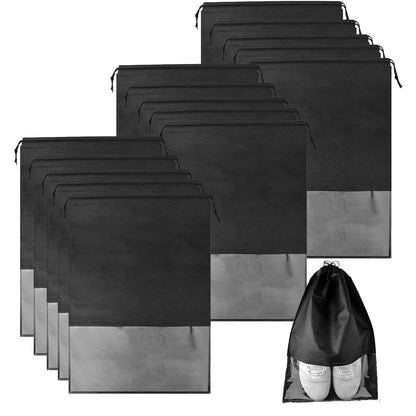 DWTECH 15 Pieces Travel Shoe Bag for Men and Women, Large Non-Woven Drawstring Shoes Storage Bags with Transparent Slot for Ladys, Black, 44cm x 32 cm/ 17.3 inch x 12.6 inch