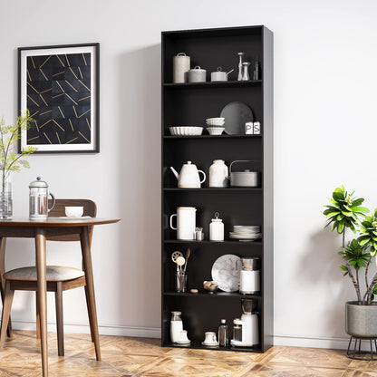 Bookcase 6 Tiers in Black, 60x23.5x180cm, Tall Bookshelf Display Shelf, Freestanding Wooden Storage Unit for Living Room, Bedroom, Office, Modern Vertical Shelf
