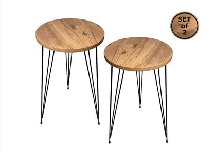 Woodx,Set of 2 Pine Wood End Tables Round Wood Sofa Side Coffee Tables for Small Spaces, Nightstand Bedside Table with Metal Legs for Bedroom, Living Room, Office, Balcony