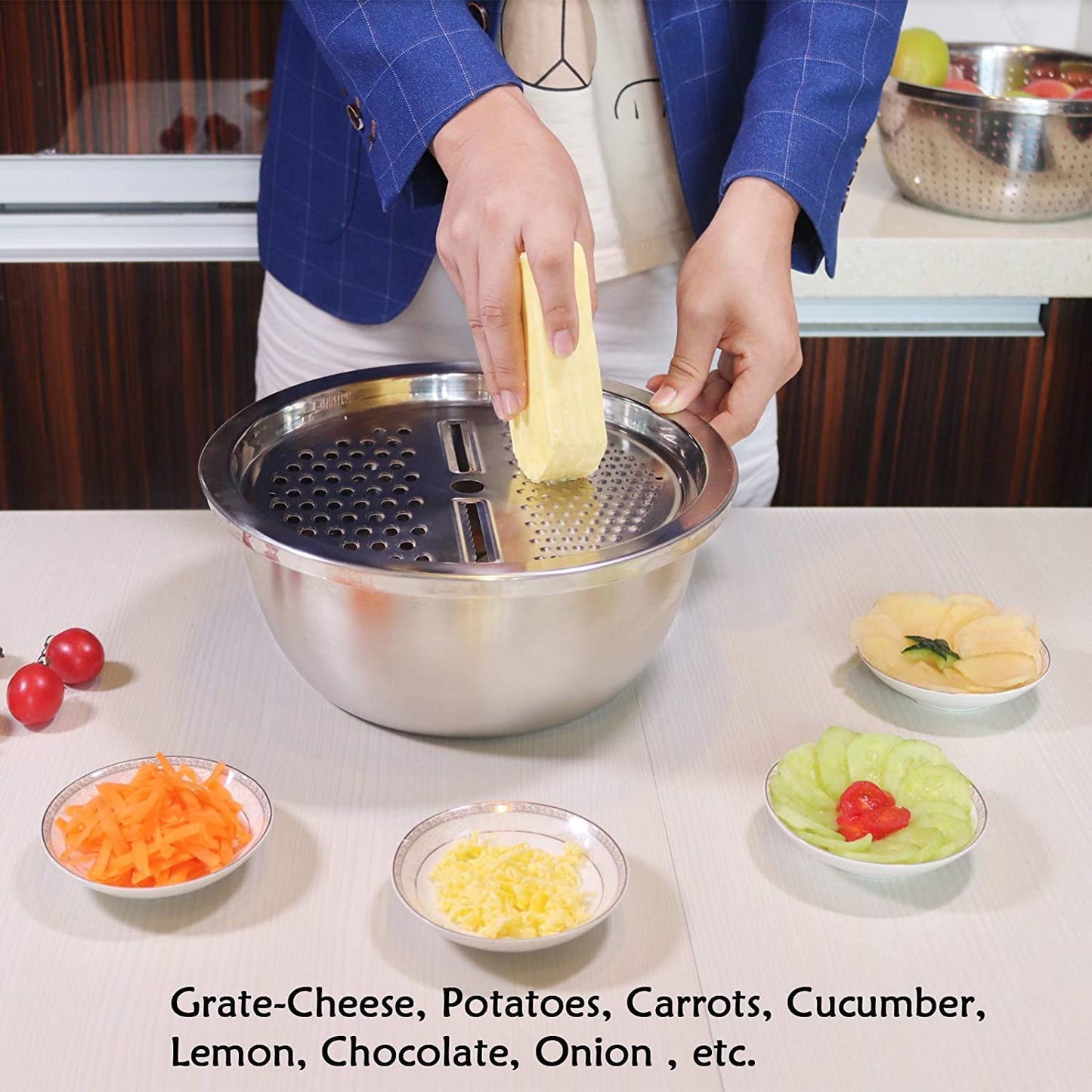 PREMIFY 3 in 1 Stainless Steel Grater Basin with Vegetable Chopper And Cheese Grater, Multifunctional Set Food Bowl/Colander/Vegetable Grater Mixing Bowl & Drainer, Rice Sieve Strainer