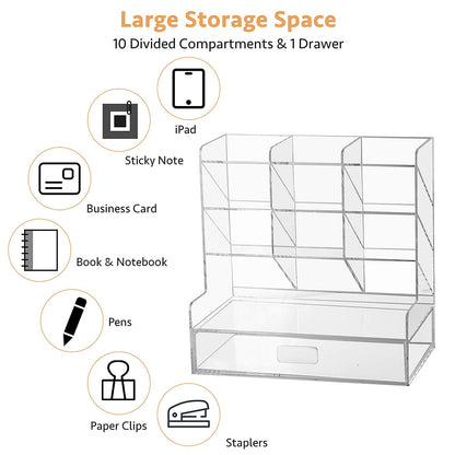 Clear Acrylic Desk Organizer for Pens and Accessories, Multi-Compartment Marker and Pencil Holder with Integrated Storage Drawer, Desktop Organization Caddy for Art and Office Supplies