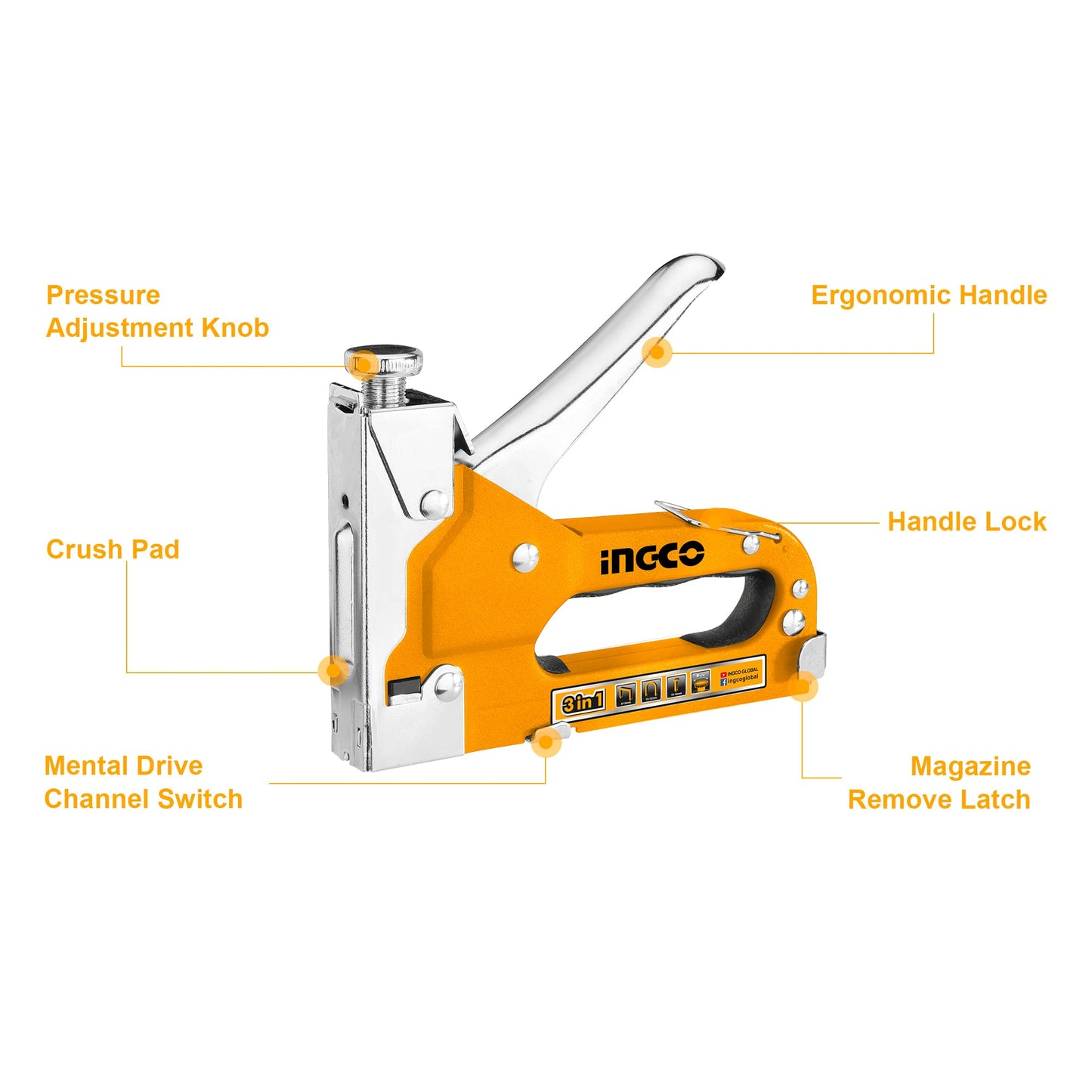 INGCO Staple Gun, 3 in 1 Staple Gun Heavy Duty with 200 Staples, 200 U-Shape Staples, 200 Brad Nails