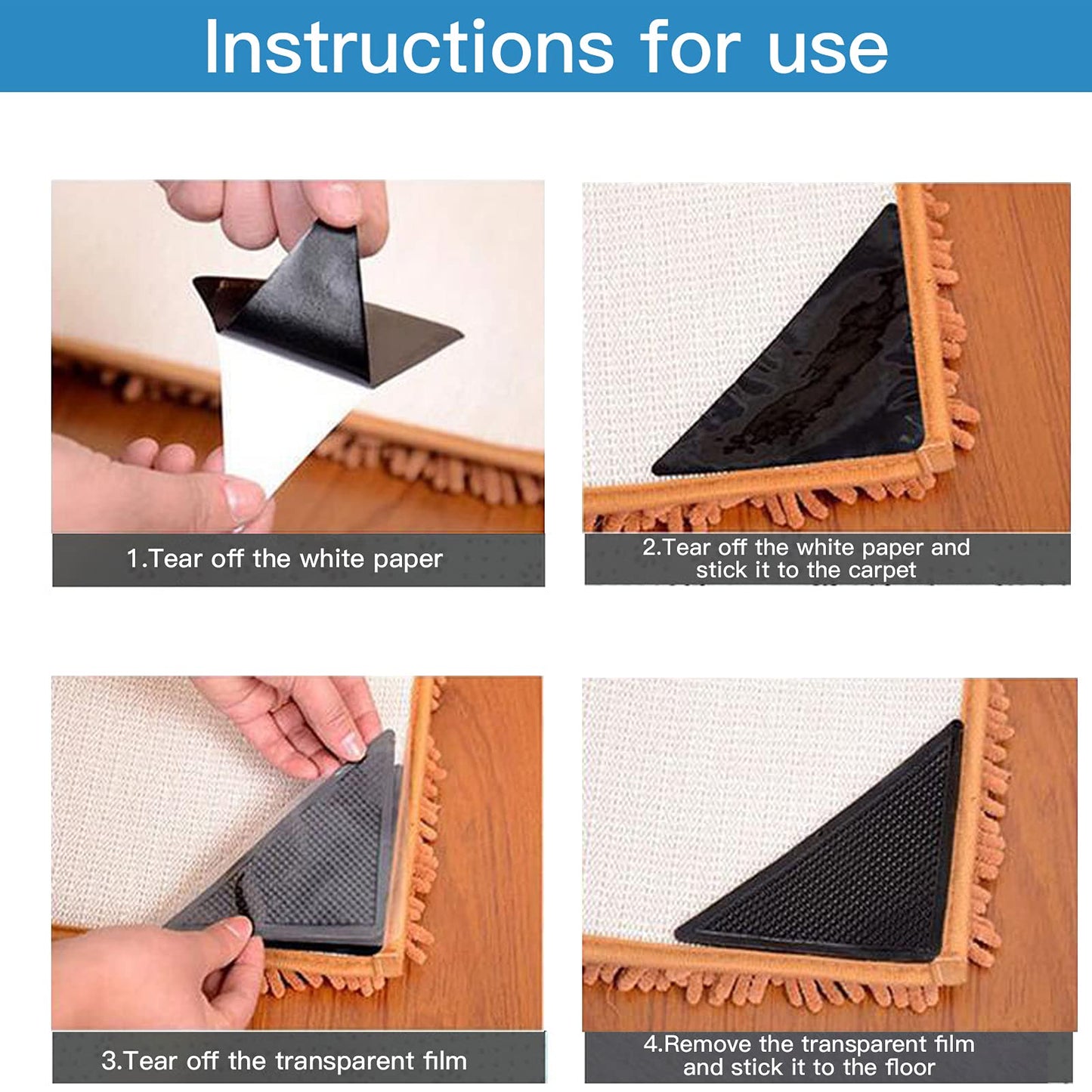 12 Pcs Non-Slip Rug Gripper, Rug Grippers for Hardwood Floors, Reusable Rug Tape for Area Rugs, Carpet Rug Tape for Bathroom Rugs Outdoor Rugs Tile Floors, Floor Mats (Black).