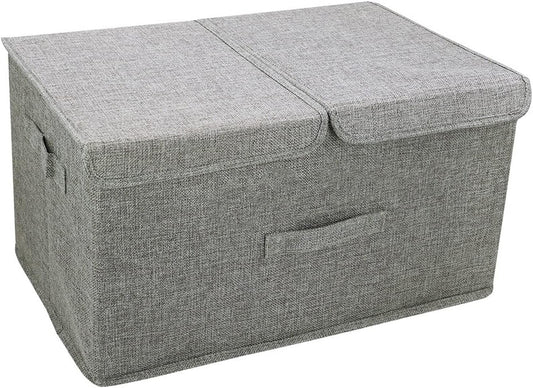 Fabric Clothes Organizer – Large Foldable Linen Storage Box with Strong Handles, Removable Divider,Durable & Spacious Closet Solution – Grey