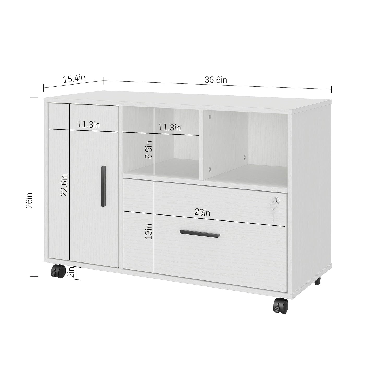 Office File Cabinet with Lock in White, 2-Drawer Mobile Pedestal with Wheels, Under-Desk Filing Cabinet for Home Office, Secure Document Storage with Key, Modern Design