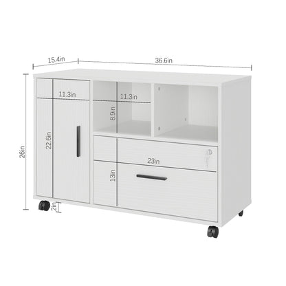 Office File Cabinet with Lock in White, 2-Drawer Mobile Pedestal with Wheels, Under-Desk Filing Cabinet for Home Office, Secure Document Storage with Key, Modern Design