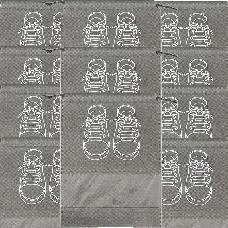 حقائب تخزين أحذية كبيرة، حقائب أحذية مقاومة للغبار برباط مع نافذة شفافة، منظم سفر مقاوم للماء، حقائب أحذية محمولة - رمادي