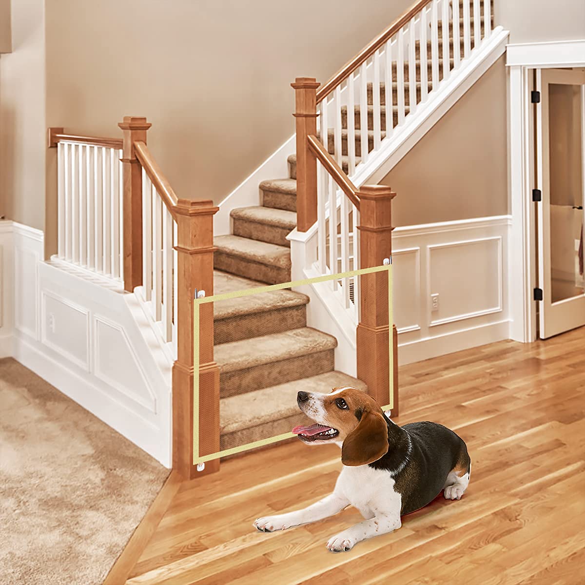 Magic Pet Gate for Dogs, Portable Folding Mesh Safety Dog Gate with 6 Hooks Install Anywhere, Safety Fence Dog Gate Providing a Safe Enclosure to Play and Rest for Hall Doorway & Stair (Yellow)