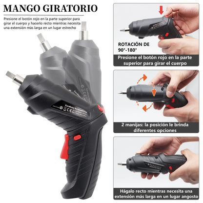 ELECTRIC CHOICE 3.6V Cordless Screwdriver, Rechargeable Portable Screwdriver Set 47 Pieces with LED Light, Rotatable Handle (90°-180°), with Suitcase, for Home, DIY, Decoration, Black