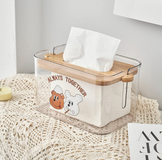 Square Tissue Holder, Facial Tissue Dispenser Box with Bamboo Cover, Rectangle Napkin Organizer Caddy for Car, Bathroom, Toilet, Kitchen, Bedroom