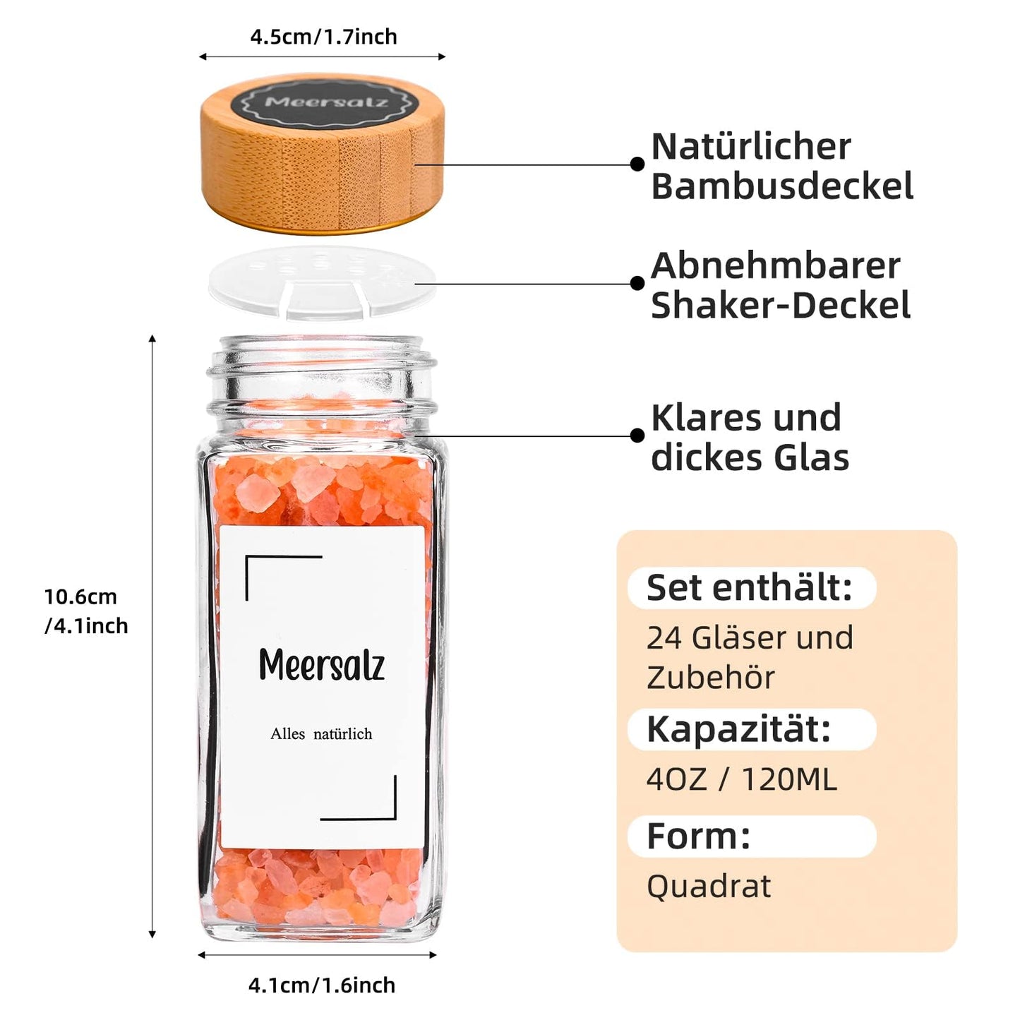 Roetell Set of 12 Spice Jars with Bamboo Lids, Square 120 ml Spice Jars with Metal Inner Lid, Foldable Funnel, Spice Storage Bottles for Spice Rack, Cabinet, Drawer