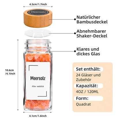 Roetell Set of 12 Spice Jars with Bamboo Lids, Square 120 ml Spice Jars with Metal Inner Lid, Foldable Funnel, Spice Storage Bottles for Spice Rack, Cabinet, Drawer