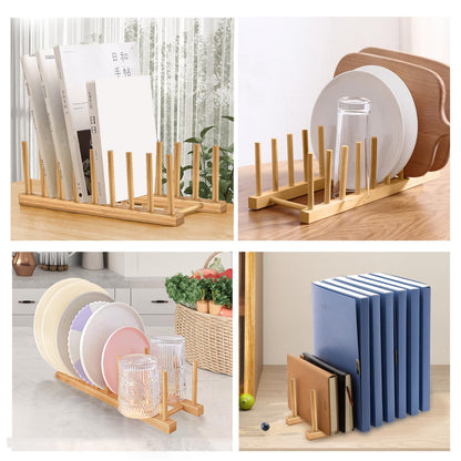 HarttiHome Bamboo Wooden Plate Racks Plate Stand Holder Vertical Drainer Kitchen Cabinet Organiser for Dishes, Pots, Lids, Bowls, Cups, Chopping Board, Kitchen Cabinet Organiser