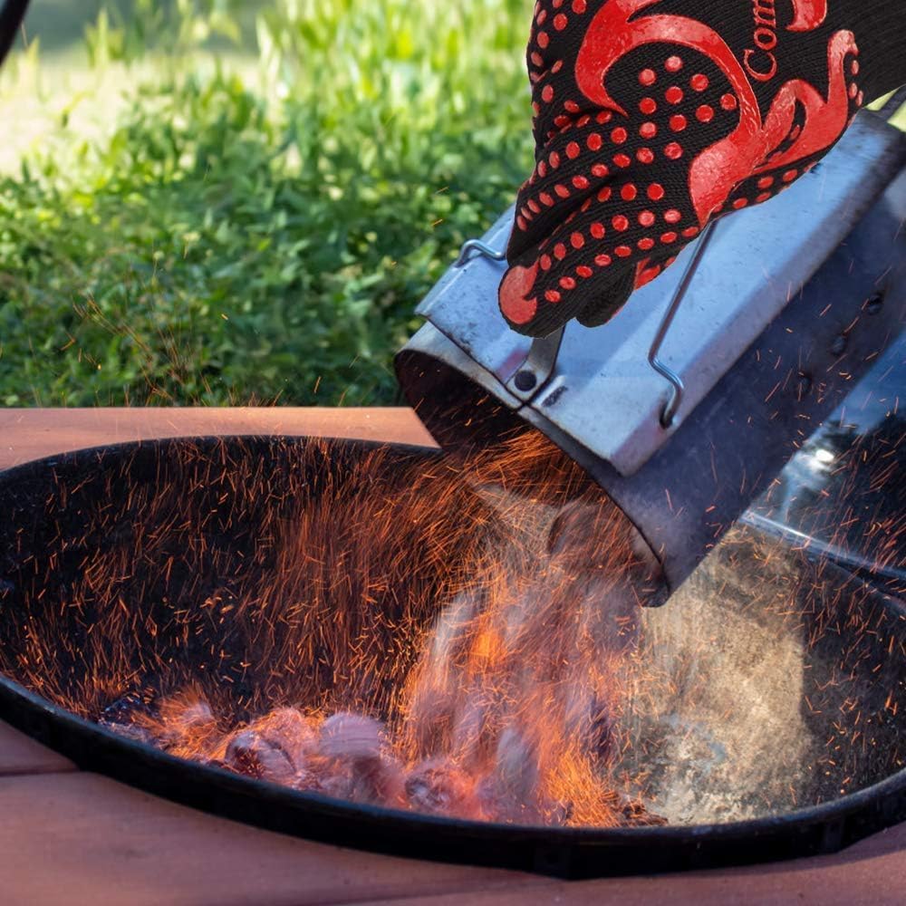 Boolygo BBQ Gloves, 1472 Degree F Heat Resistant Grilling Gloves Silicone Non-Slip Oven Gloves Long Kitchen Gloves for Barbecue, Cooking, Baking, Cutting (LL-N010-Red)