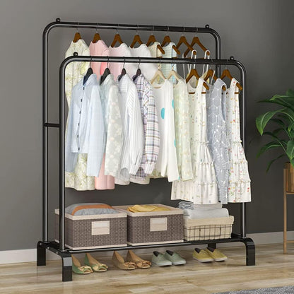 Clothes rack, clothing garment rack metal double rail hanging clothes 2-tier storage shelf for boxes shoes boots commercial grade multi-purpose entryway shelving unit for home office bedroom (black)