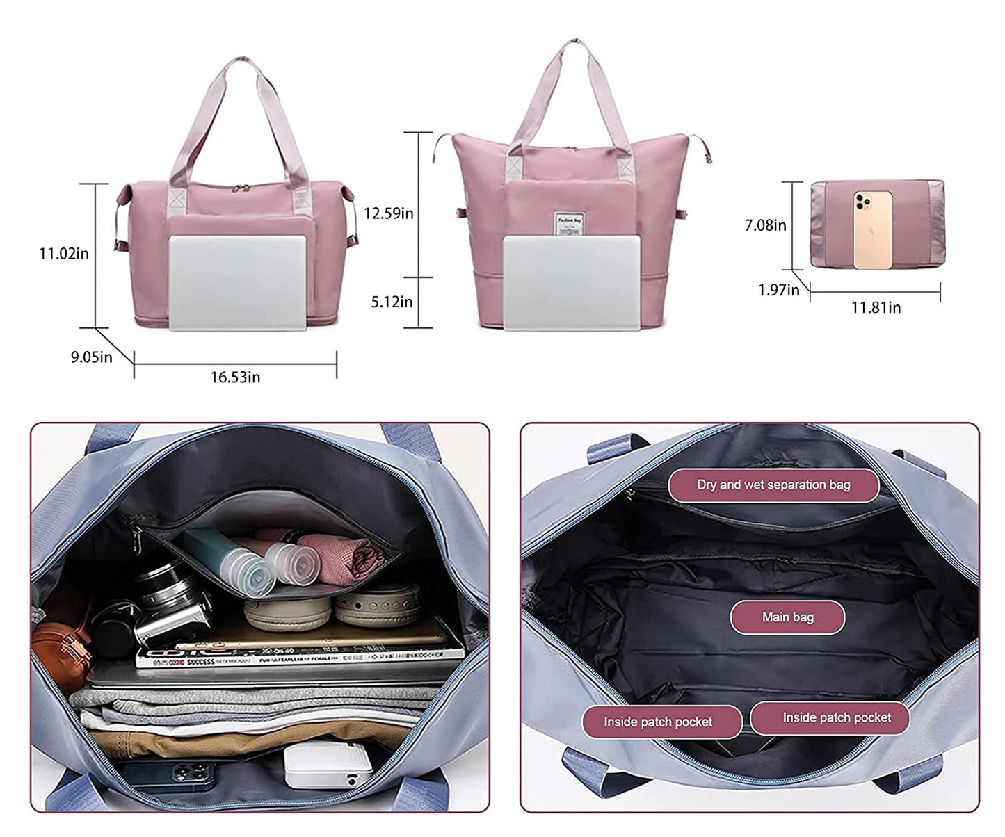 Lalagouk Large Capacity Foldable Travel Bag Portable Foldable Lightweight Waterproof Oxford Cloth Weekend Sports Gym Holiday Bag Light Purple